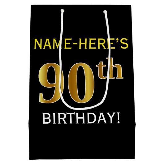 Zwart, Faux Gold 90th Birthday + Aangepaste naam Medium Cadeauzakje (Achterkant)