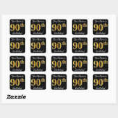 Zwart, Faux Gold 90th Birthday + Aangepaste naam Vierkante Sticker (Vel)