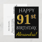 Zwart, Faux Gold 91st verjaardag + Aangepaste naam Briefkaart (Voorkant / Achterkant)
