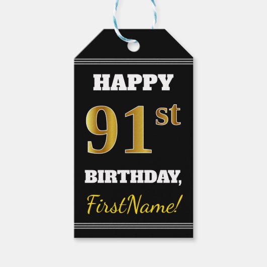 Zwart, Faux Gold 91st verjaardag + Aangepaste naam Cadeaulabel (Voorkant)