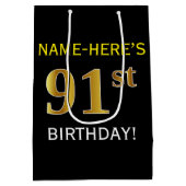 Zwart, Faux Gold 91st verjaardag + Aangepaste naam Medium Cadeauzakje (Achterkant)