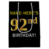 Zwart, Faux Gold 92e verjaardag + Aangepaste naam Medium Cadeauzakje (Achterkant)