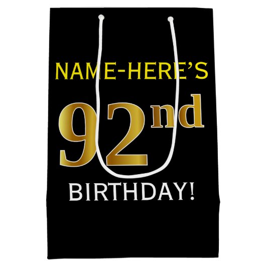 Zwart, Faux Gold 92e verjaardag + Aangepaste naam Medium Cadeauzakje (Achterkant)