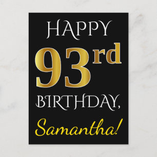 Zwart, Faux Gold 93rd Birthday + Aangepaste naam Briefkaart