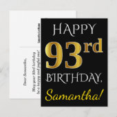 Zwart, Faux Gold 93rd Birthday + Aangepaste naam Briefkaart (Voorkant / Achterkant)