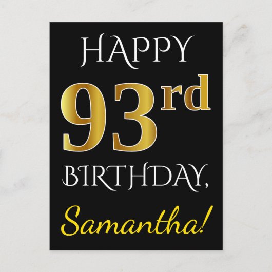 Zwart, Faux Gold 93rd Birthday + Aangepaste naam Briefkaart (Voorkant)