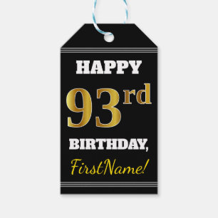 Zwart, Faux Gold 93rd Birthday + Aangepaste naam Cadeaulabel