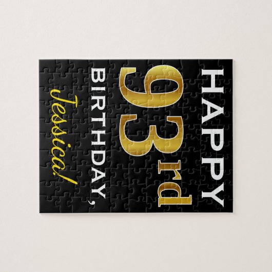Zwart, Faux Gold 93rd Birthday + Aangepaste naam Legpuzzel (Horizontaal)