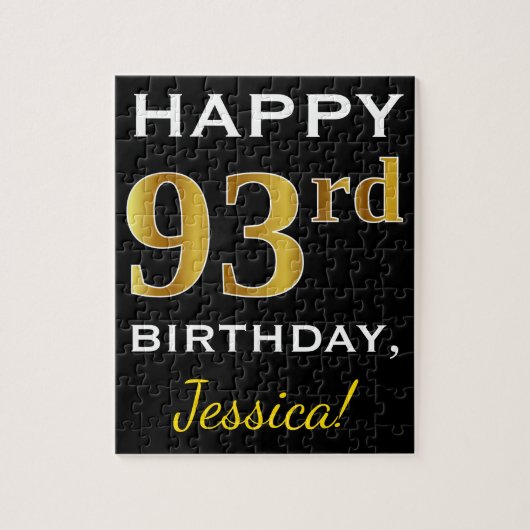 Zwart, Faux Gold 93rd Birthday + Aangepaste naam Legpuzzel (Verticaal)