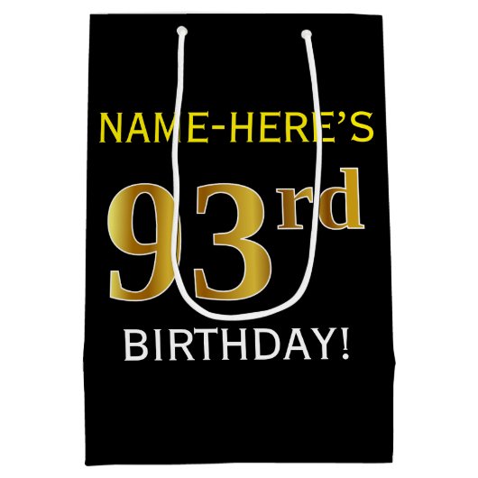 Zwart, Faux Gold 93rd Birthday + Aangepaste naam Medium Cadeauzakje (Achterkant)