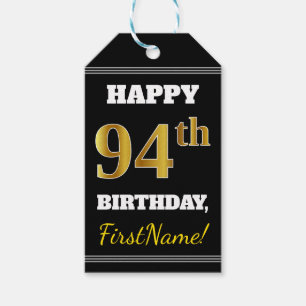 Zwart, Faux Gold 94th Birthday + Eigen naam Cadeaulabel