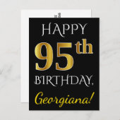 Zwart, Faux Gold 95th Birthday + Eigen naam Briefkaart (Voorkant / Achterkant)