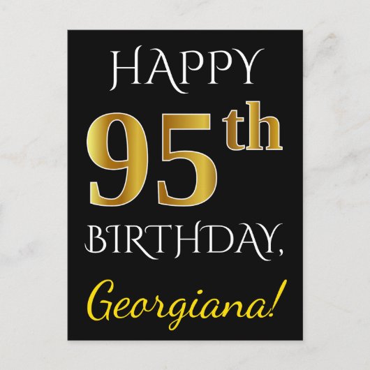 Zwart, Faux Gold 95th Birthday + Eigen naam Briefkaart (Voorkant)