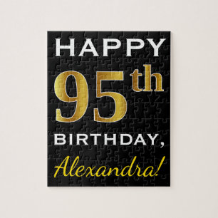 Zwart, Faux Gold 95th Birthday + Eigen naam Legpuzzel