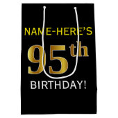 Zwart, Faux Gold 95th Birthday + Eigen naam Medium Cadeauzakje (Achterkant)