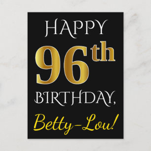 Zwart, Faux Gold 96th Birthday + Aangepaste naam Briefkaart