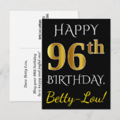 Zwart, Faux Gold 96th Birthday + Aangepaste naam Briefkaart (Voorkant / Achterkant)