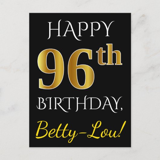 Zwart, Faux Gold 96th Birthday + Aangepaste naam Briefkaart (Voorkant)