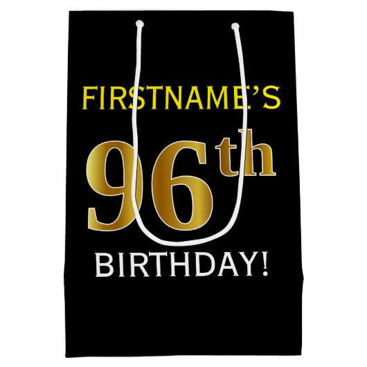 Zwart, Faux Gold 96th Birthday + Aangepaste naam Medium Cadeauzakje (Achterkant)