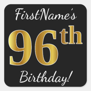 Zwart, Faux Gold 96th Birthday + Aangepaste naam Vierkante Sticker
