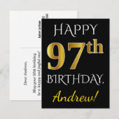 Zwart, Faux Gold 97th Birthday + Eigen naam Briefkaart (Voorkant / Achterkant)