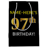 Zwart, Faux Gold 97th Birthday + Eigen naam Medium Cadeauzakje (Voorkant)
