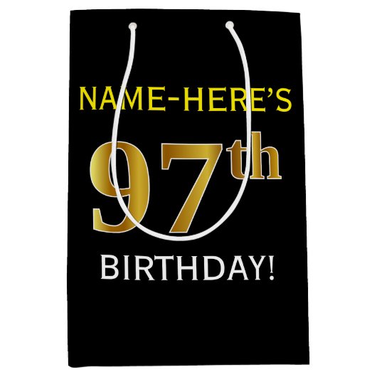 Zwart, Faux Gold 97th Birthday + Eigen naam Medium Cadeauzakje (Voorkant)