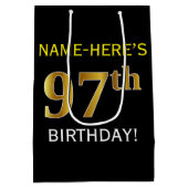 Zwart, Faux Gold 97th Birthday + Eigen naam Medium Cadeauzakje (Achterkant)