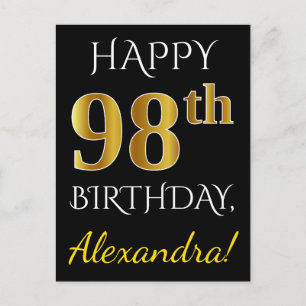 Zwart, Faux Gold 98th Birthday + Eigen naam Briefkaart