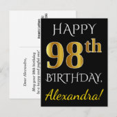Zwart, Faux Gold 98th Birthday + Eigen naam Briefkaart (Voorkant / Achterkant)
