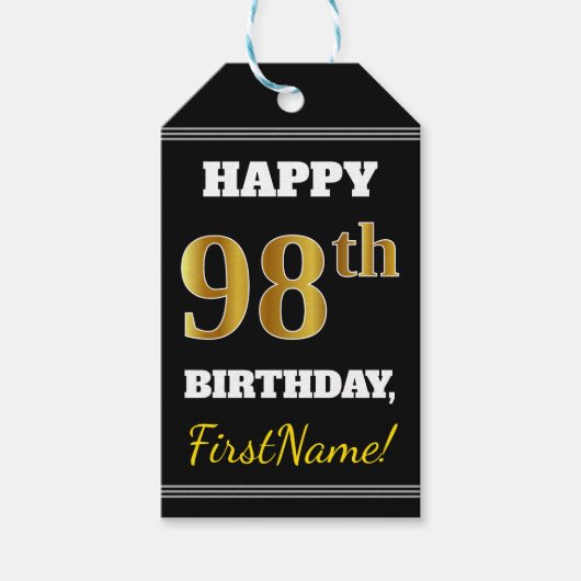 Zwart, Faux Gold 98th Birthday + Eigen naam Cadeaulabel (Voorkant)