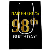 Zwart, Faux Gold 98th Birthday + Eigen naam Medium Cadeauzakje (Achterkant)