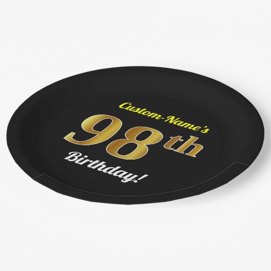 Zwart, Faux Gold 98th Birthday + Eigen naam Papieren Bordje (Gekanteld)