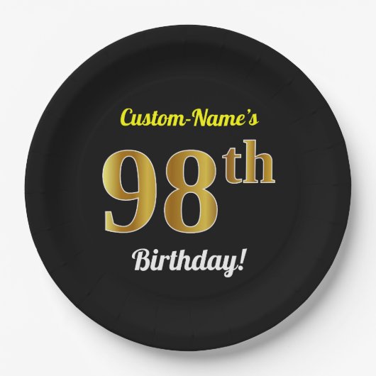 Zwart, Faux Gold 98th Birthday + Eigen naam Papieren Bordje (Voorkant)