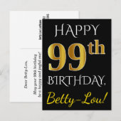 Zwart, Faux Gold 99th Birthday + Eigen naam Briefkaart (Voorkant / Achterkant)