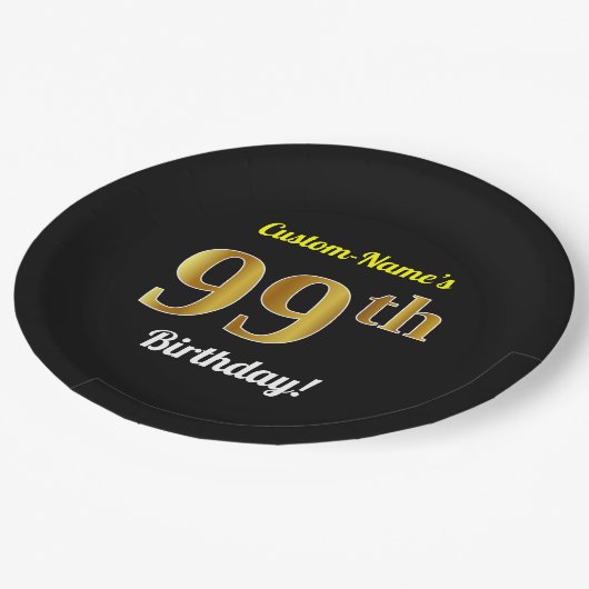 Zwart, Faux Gold 99th Birthday + Eigen naam Papieren Bordje (Gekanteld)