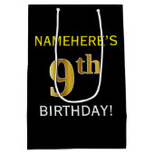 Zwart, Faux Gold 9th Birthday + Eigen naam Medium Cadeauzakje (Achterkant)