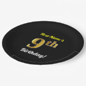 Zwart, Faux Gold 9th Birthday + Eigen naam Papieren Bordje (Gekanteld)