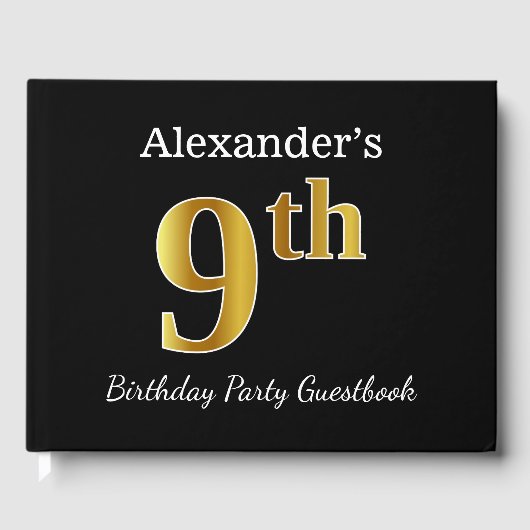 Zwart, Faux Gold 9th Birthday Party + Aangepaste n Gastenboek (Voorkant)