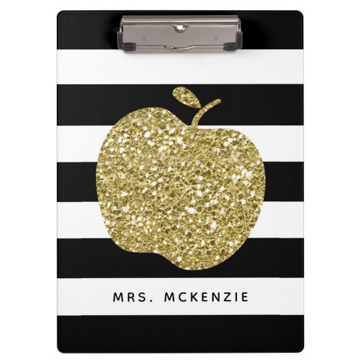Zwart & Faux Gold Glitter Apple Teacher Klembord (Voorkant)