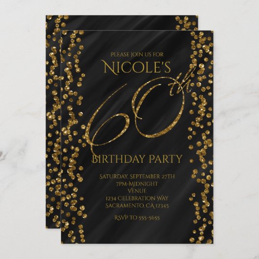 Zwart & Faux Gold Glitter Glam 60 60th Birthday Kaart (Voorkant / Achterkant)