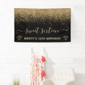 Zwart & Faux Gold Glitter Sweet 16 Spandoek (Insitu)