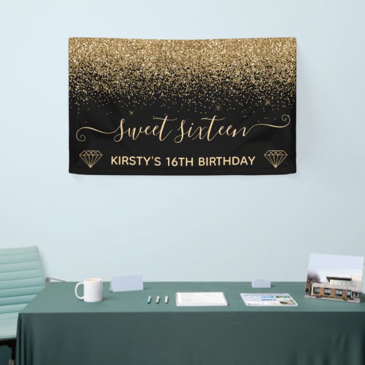 Zwart & Faux Gold Glitter Sweet 16 Spandoek (Beurs)