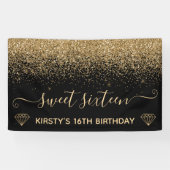 Zwart & Faux Gold Glitter Sweet 16 Spandoek (Horizontaal)