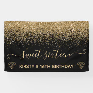 Zwart & Faux Gold Glitter Sweet 16 Spandoek