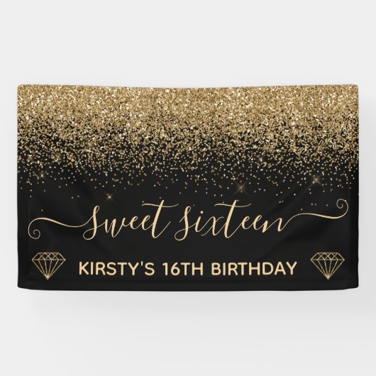 Zwart & Faux Gold Glitter Sweet 16 Spandoek (Horizontaal)