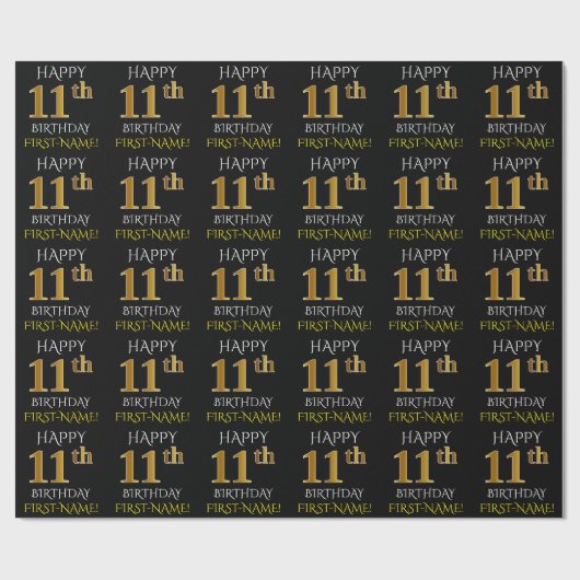Zwart, Faux Gold "HAPPY 11th BIRTHDAY" Cadeaupapier (Vlak)