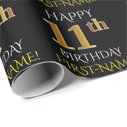 Zwart, Faux Gold "HAPPY 11th BIRTHDAY" Cadeaupapier (Rol Hoek)