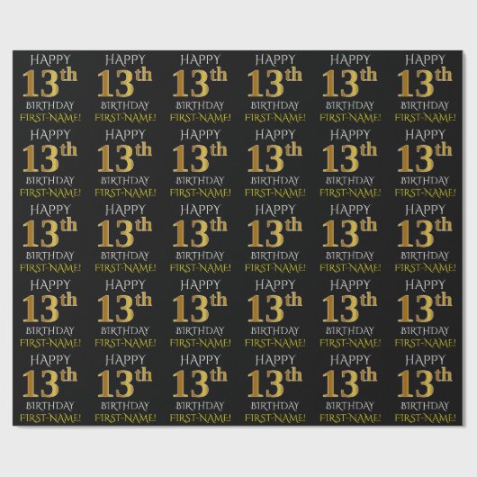 Zwart, Faux Gold "HAPPY 13th BIRTHDAY" Cadeaupapier (Vlak)
