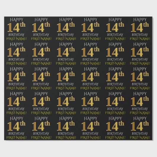Zwart, Faux Gold "HAPPY 14th BIRTHDAY" Cadeaupapier (Vlak)
